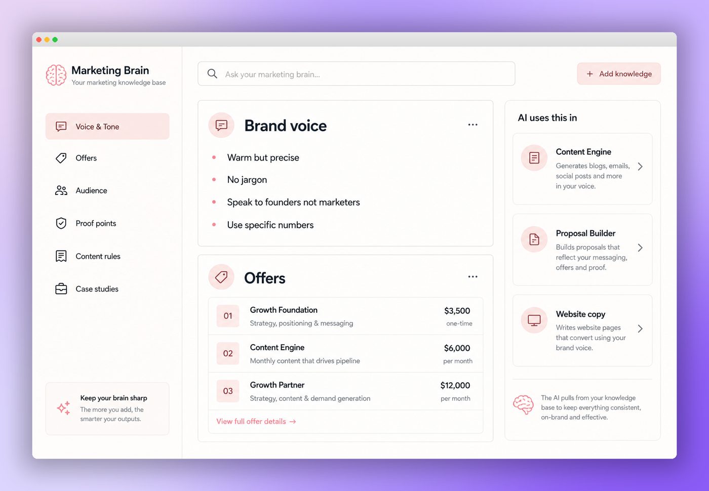 Marketing Brain preview showing brand voice, offers and how the AI uses them